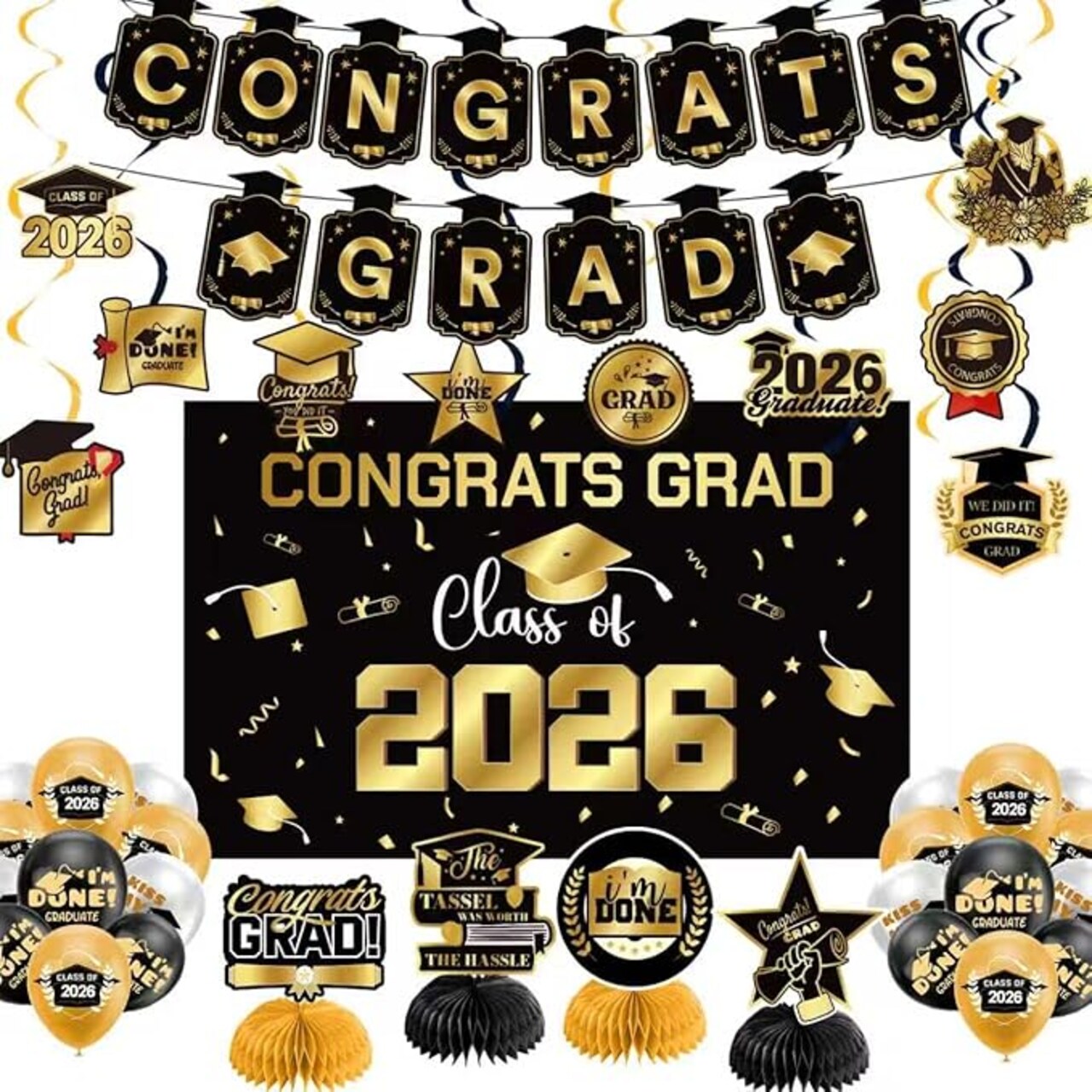 Class of 2026 Graduation Decorations Set - Gold Themed Congrats Grad Party Kit - Includes Backdrop, Banner, Balloons & Streamers - Complete High School & College Supplies